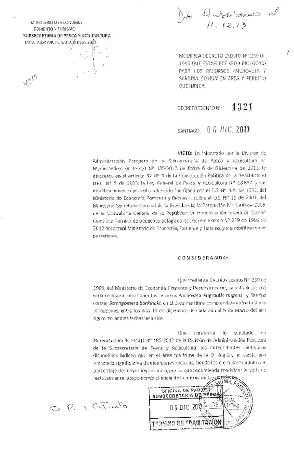 D EX Nº 1321-2013, Modifica D EX Nº 239-96, Veda biológica recursos Sardina común y Anchoveta IX Región. (F.D.O. 11-12-2013)