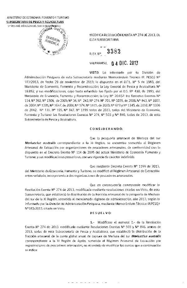 R EX Nº 3382-2013 Modifica R EX Nº 274-2013 Distribución de la Fracción Artesanal Merluza del sur XI Región. (F.D.O. 12-12-2013)