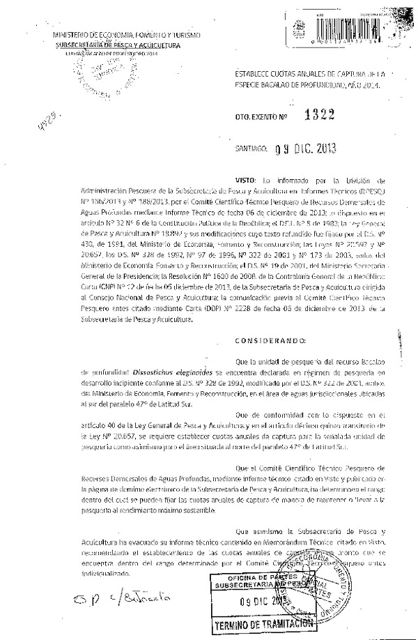 D EX Nº 1322-2013, Establece Cuota Anual de Captura recurso Bacalao de Profundidad al Norte del Paralelo 47º L.S. año 2014. (F.D.O. 12-12-2013)