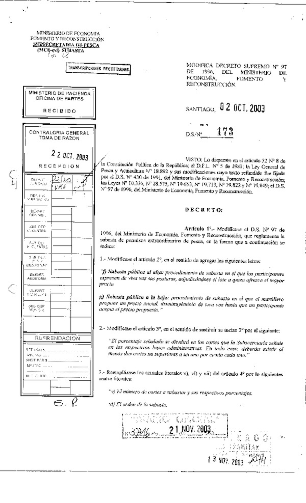 D.S.Nº 173-2003 Modifica D.S. Nº 97-96 Que Reglamenta la Subasta de Permisos Extraordinarios de Pesca.