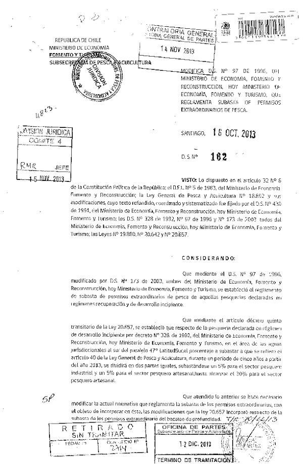 D.S.Nº 162-2013 Modifica D.S. Nº 97-96 Que Reglamenta la Subasta de Permisos Extraordinarios de Pesca. (F.D.O. 18-12-2013)