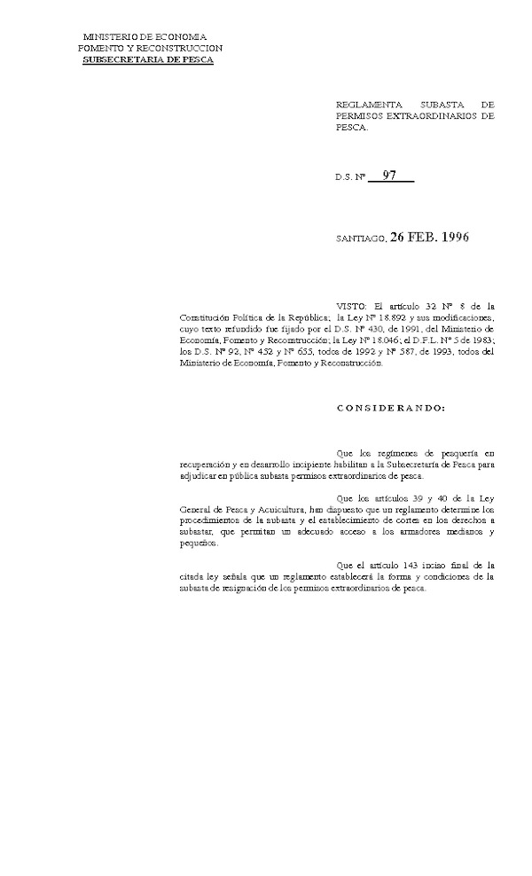 D.S. Nº 97-1996 Reglamento subasta de Permisos Extraordinarios de Pesca (Última Actualización D.S. Nº 117-2015. F.D.O. 21-10-2015)