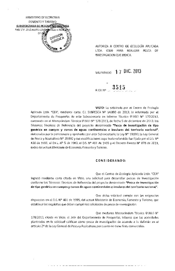 R EX Nº 3515-2013 Pesca de investigación de tipo genérica en cuerpos y cursos de aguas continentales e insulares del territorio nacional.