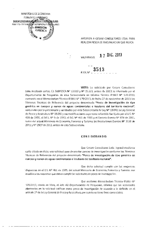 R EX Nº 3513-2013 Pesca de investigación de tipo genérica en cuerpos y cursos de aguas continentales e insulares del territorio nacional.