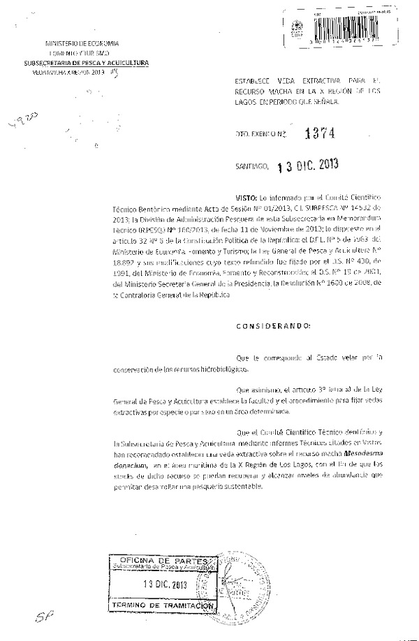 D EX Nº 1374-2013 Establece Veda extractiva recurso Macha en la X Región. (F.D.O. 21-12-2013)