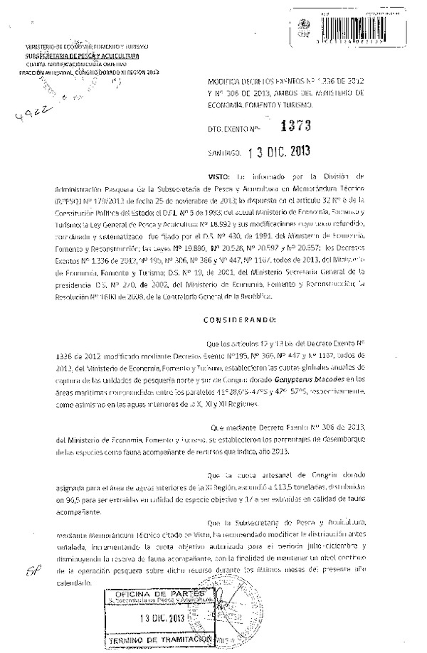 D EX Nº 1373-2013 Modifica D EX Nº 1336-2012 y D EX Nº 306-2013, Cuota de captura Congrio dorado XI Región. (F.D.O 21-12-2013)