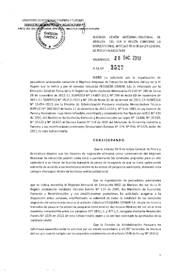 R EX Nº 3527-2013 Autoriza Cesión Recurso Merluza del sur Xi Región.