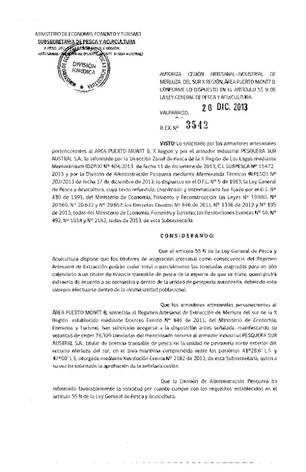 R EX Nº 3542-2013 Autoriza Cesión Recurso Merluza del sur Puerto Montt B, X Región.