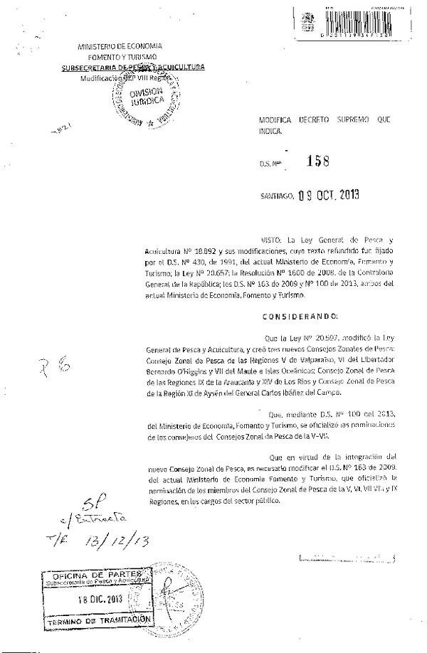 D.S. Nº 158-2013 Modifica D.S. Nº 163-2009 Consejo Zonal de Pesca VIII Región. (F.D.O. 23-12-2013)