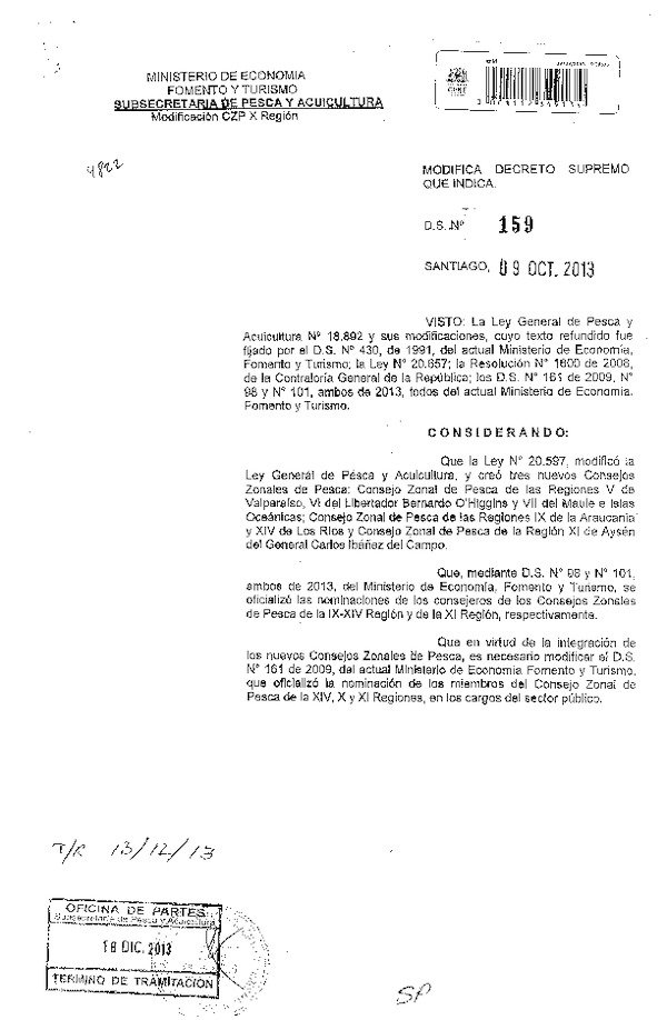 D.S. Nº 159-2013 Modifica D.S. Nº 161-2009 Consejo Zonal de Pesca X Región. (F.D.O. 23-12-2013)