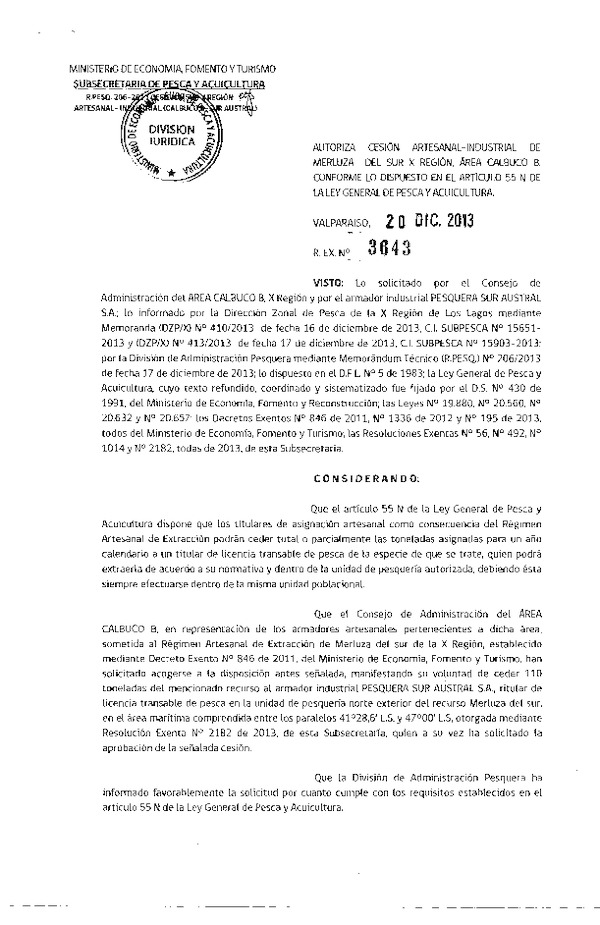 R EX Nº 3643-2013 Autoriza Cesión Recurso Merluza del sur área Calbuco B, X Región.