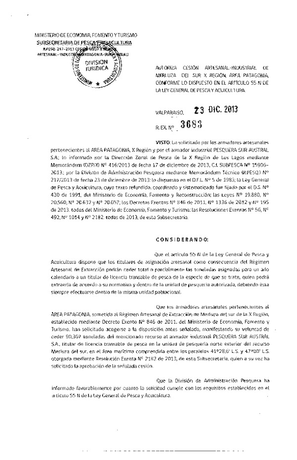 R EX Nº 3683-2013 Autoriza Cesión Recurso Merluza del sur área Patagonia, X Región.