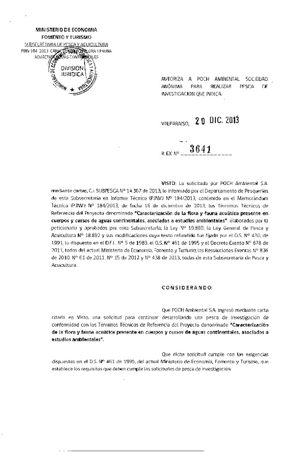 R EX Nº 3641-2013 Caracterización de la flora y fauna acuática presente en cuerpos de aguas continentales.