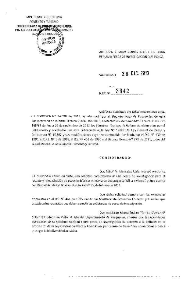 R EX Nº 3642-2013 rescate y relocalización de especies hídicas proyecto Mina Invierno.