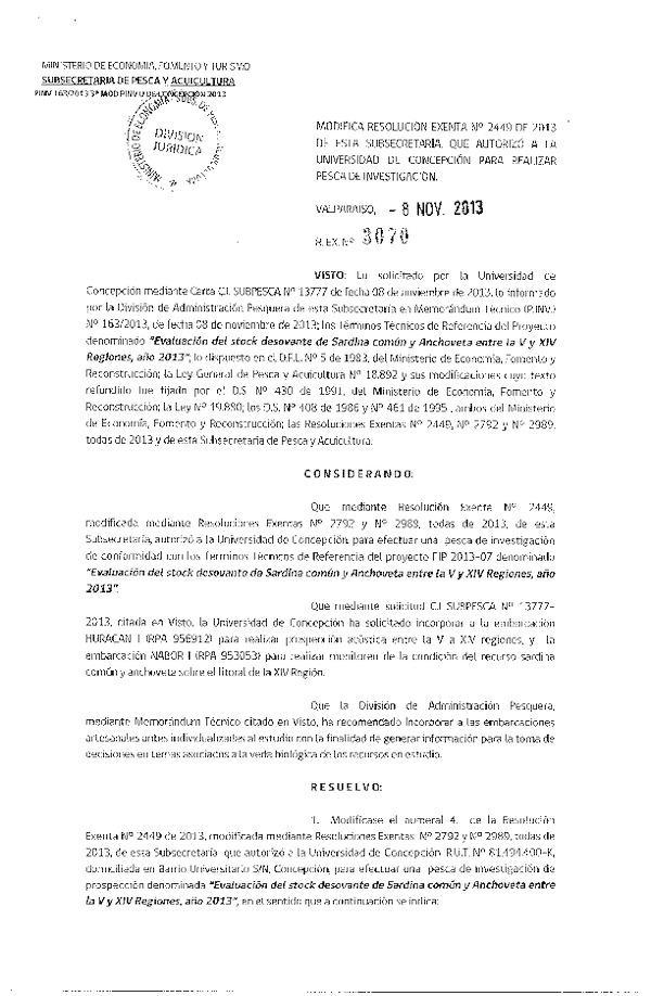 R EX Nº 3070-2013 Modifica R EX Nº 2449-2013 Stock desovante Sardina común y Anchoveta V-XIV Región.