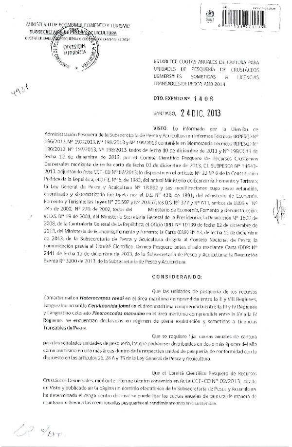 D EX Nº 1408-2013 Establece cuota de captura de camaron nailon langostino amarillo langostino colorado II-VIII (F.D.O. 31-12-2013)