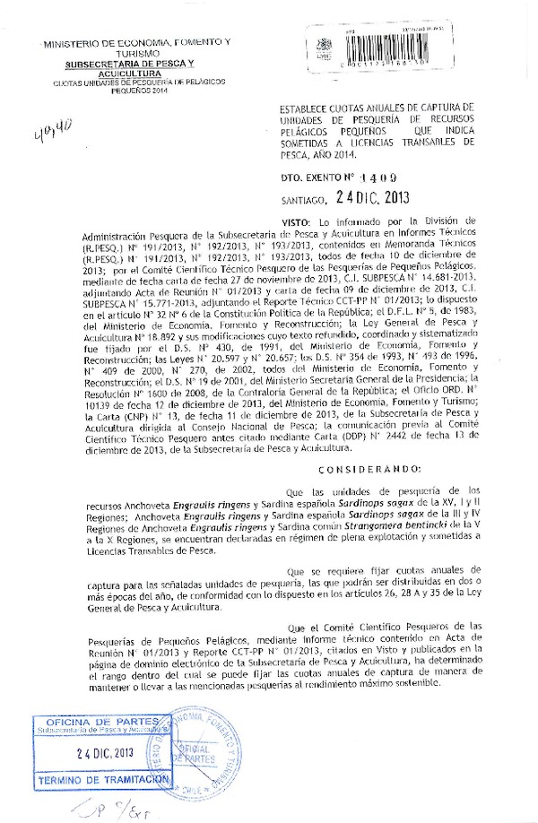 D EX Nº 1409-2013 Establece cuotas de captura de Anchoveta sardina española y sardina común XV-X (F.D.O. 31-12-2013)