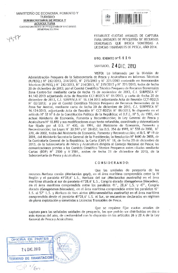 D EX Nº 1410-2013 Establece cuotas de captura de merluza comun merluza del sur congrio dorado y merluza de tres aletas IV-XII (F.D.O. 31-12-2013)