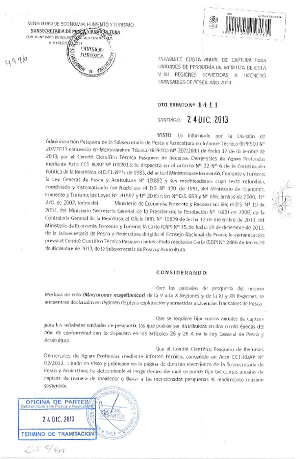 D EX Nº 1411-2013 Establece cuota de captura de merluza de cola V-XII (F.D.O. 31-12-2013)