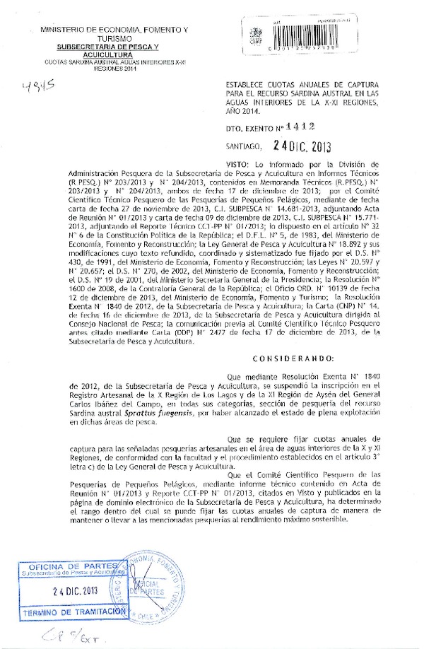 D EX Nº 1412-2013 Establece cuota de captura de sardina austral X-XI (F.D.O. 31-12-2013)