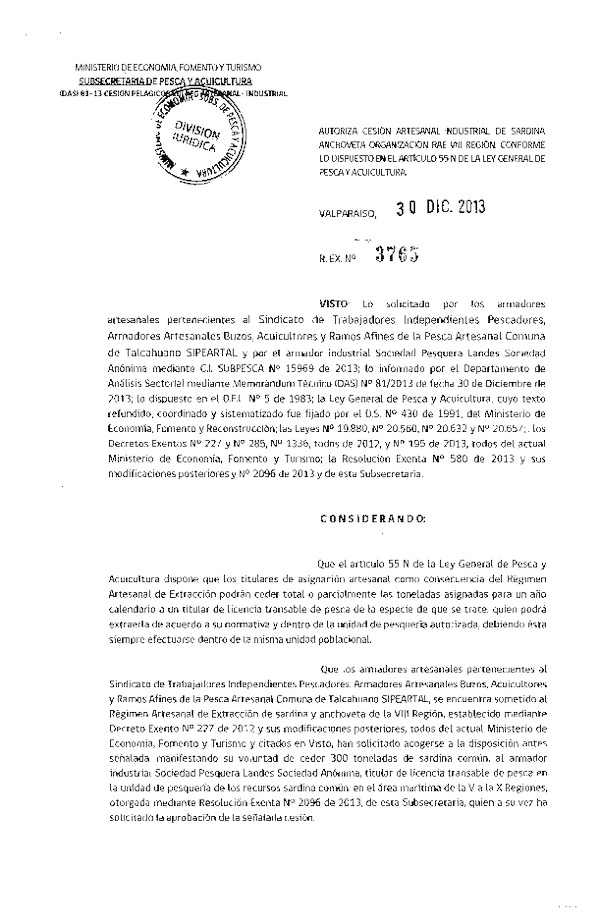 R EX Nº 3765-2013 Autoriza Cesión Recurso Anchoveta y Sardina común VIII Región.