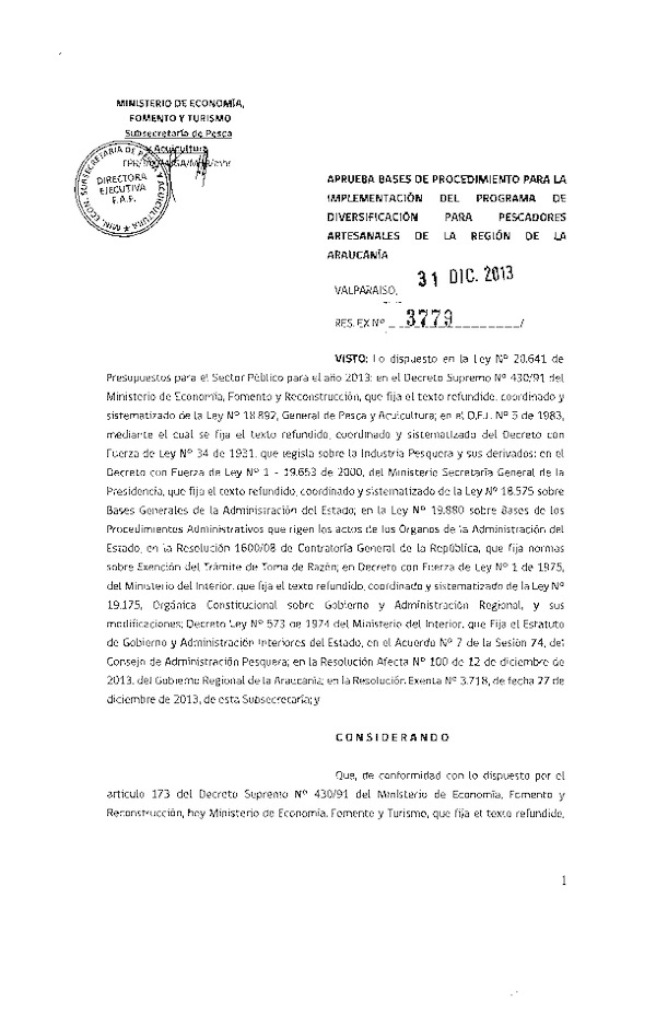 R EX Nº 3779-2013 Aprueba Bases de Procedimiento para la implementación del Programa de diversificación para pescadores artesanales de la Región de la Araucanía.