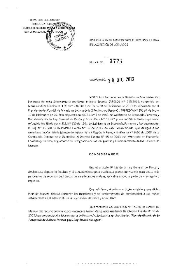 R EX Nº 3371-2013 Aprueba Plan de manejo para el recurso Juliana, en la X Región de Los Lagos. (F.D.O. 10-01-2014)