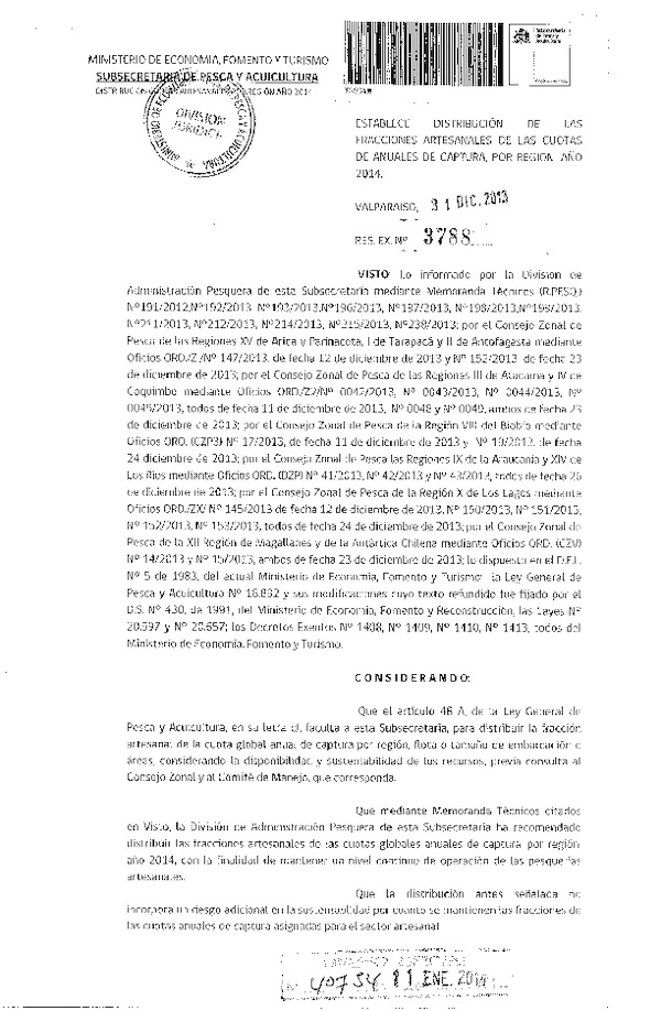 R EX Nº 3788-2013 Establece Distribución de las Fracciones Artesanales de las Cuotas Anuales de Captura por Región, Año 2014. (F.D.O. 11-01-2014)