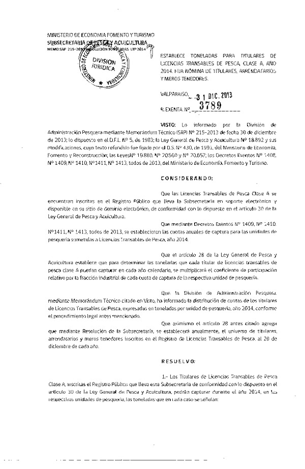 R EX Nº 3789-2013 Establece Toneladas para Titulares de Licencias Transables de Pesca Clase A, 2014. Fija nómina de Titulares, Arrendatarios y Meros Tenedores. (F.D.O. 11-01-2014)