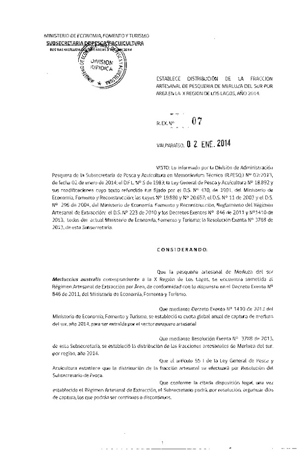 R EX Nº 7-2014 Establece Distribución de la Fracción Artesanal de Pesquería de Merluza del sur por área en la X Región de Los Lagos, año 2014. (F.D.O. 11-01-2014)