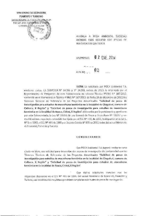 R EX Nº 02-2014 Autoriza Pesca de Investigación Poch Ambiental Sociedad Anónima.