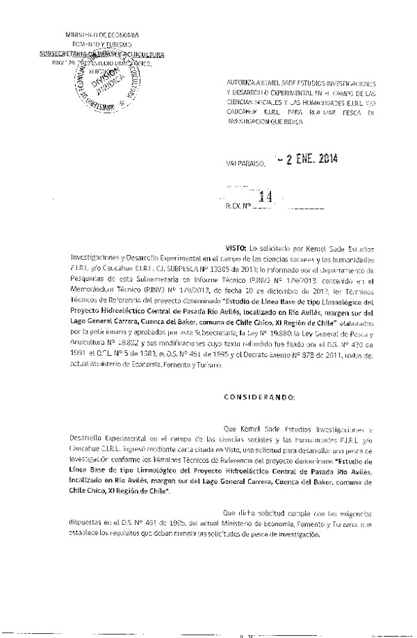 R EX Nº 14-2014 Autoriza Pesca de Investigación Kemel Estudios Investigaciones y Desarrollo experimental E.I.R.L.