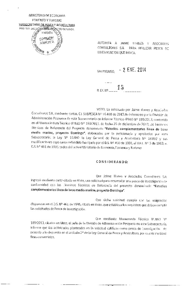 R EX Nº 15-2014 Autoriza Pesca de Investigación Jaime Illanes y Asociados Consultores S.A.