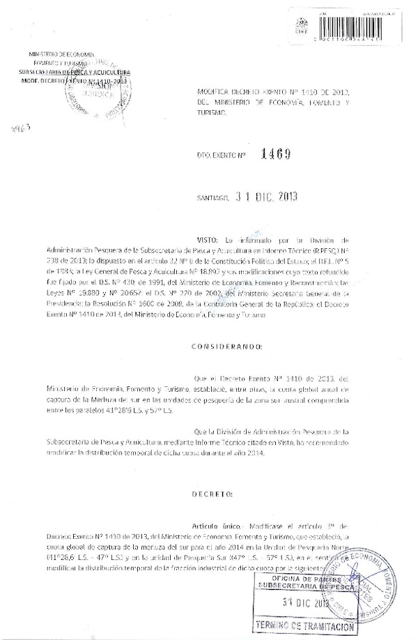 D EX Nº 1469-2013 Modifica D EX Nº 1410-2013 Cuota Global de Captura Merluza del sur 2014. (F.D.O. 10-01-2014)