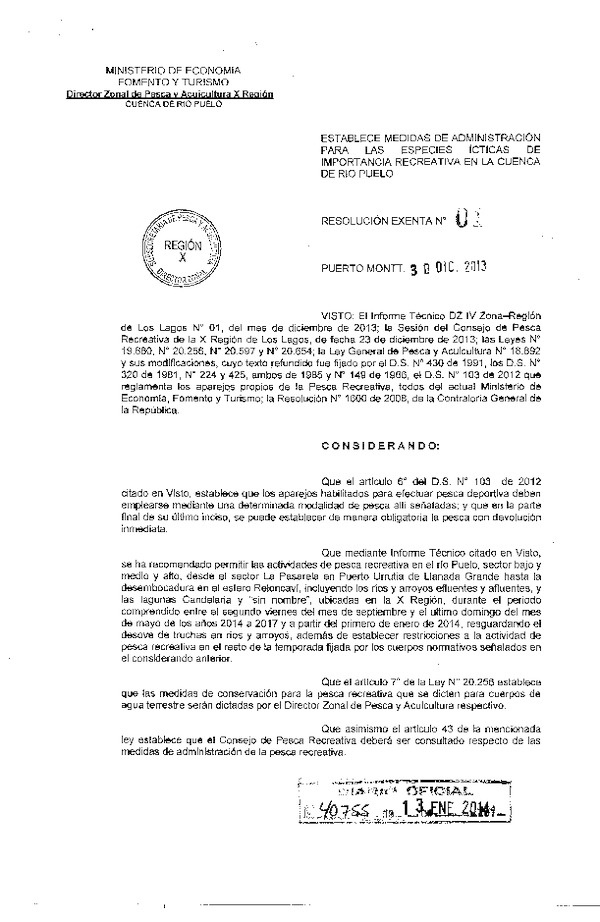 R EX Nº 1-2013 Establece Medidas de Administración para las especies de importacia recreativa en la cuenca de Río Pulelo DZP X Región. (F.D.O. 13-01-2014)