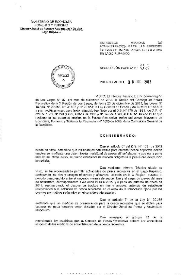 R EX Nº 2-2013 Establece Medidas de Administración para las especies de importacia recreativa en el Lago Rupanco DZP X Región. (F.D.O. 13-01-2014)