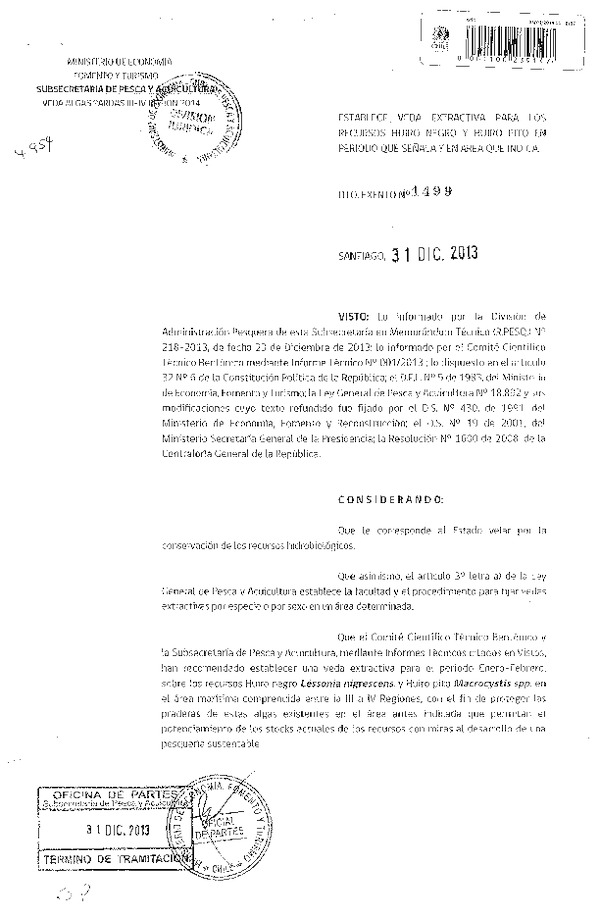 D EX Nº 1499-2013 Establece veda extractiva recursos Huiro negro y Huiro pito, III-IV Región. (F.D.O. 14-01-2014)