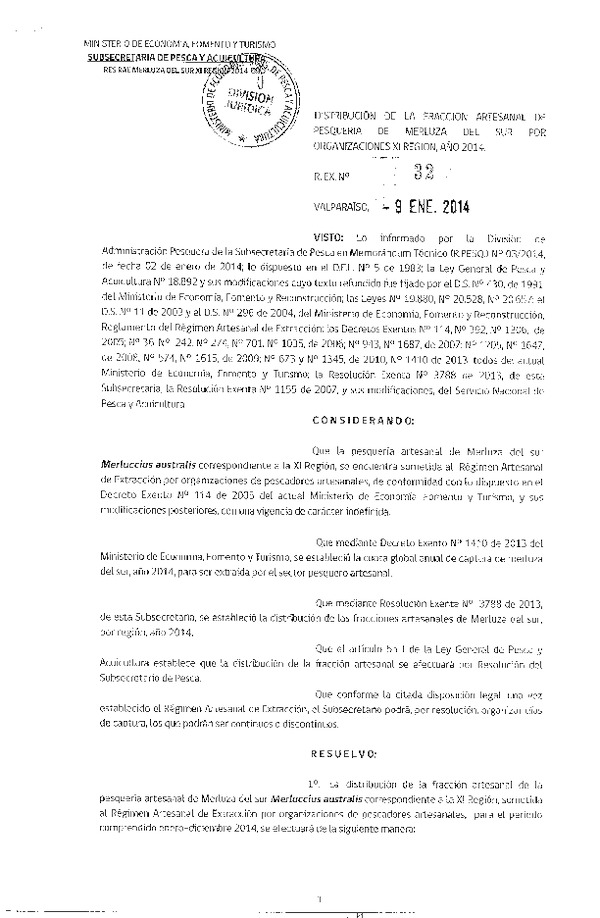 R EX Nº 32-2014 Establece Distribución de la Fracción Artesanal de Pesquería de Merluza del sur por organización en la XI Región año 2014. (F.D.O. 17-01-2014)