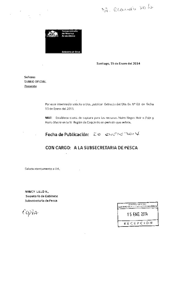 D EX Nº 3-2014 Establece cuota de captura para los recursos huiro negro huir o palo y hiuro macro en la IV Región de Coquimbo. (F.D.O. 20-01-2014)