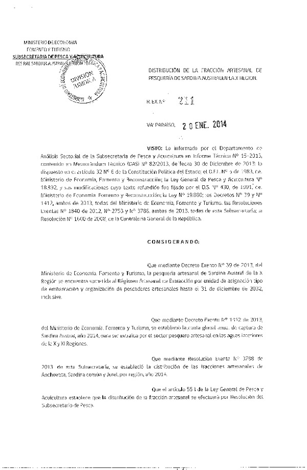 R EX Nº 211-2014 Distribución de la fracción artesanal de pesquería de Sardina austral en la X Region. (F.D.O. 24-01-2014)
