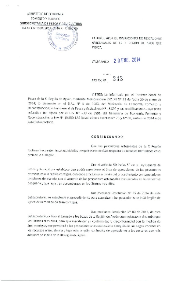 R EX Nº 242-2014 Extiende área de operaciones de pescadores artesanales de la X Region al área Contigua. (F.D.O. 23-01-2014)