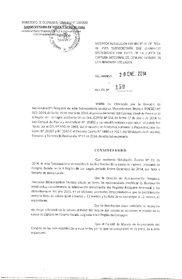 R EX  Nº 159-2014 Modifica R EX Nº 1-2014 que Establece Distribución por Flota de la Cuota de Captura Artesanal de Cogrio Dorado en la X Región de Los Lagos. (F.D.O. 25-01-2014)