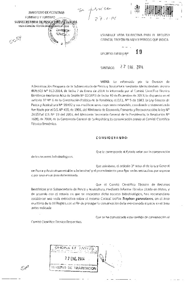 D EX Nº 19-2014 Establece veda extractiva recurso Caracol Trofón, XII Región. (F.D.O. 27-01-2014)