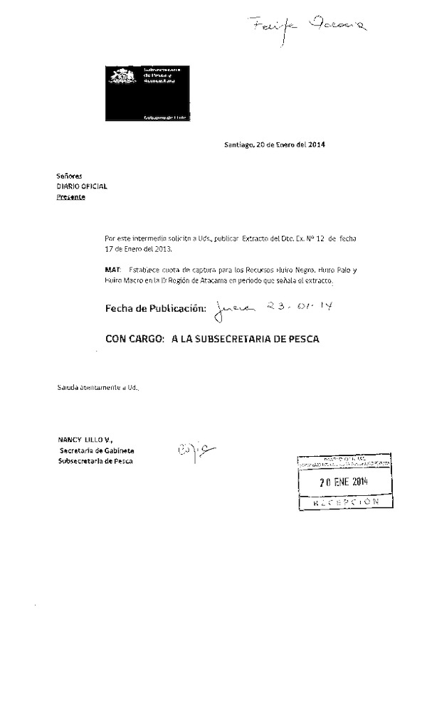 D EX N° 12-2014 Establece Cuota de Captura recursos Huiro negro, huiro palo y huiro macro, en la III Región de Atacama. (F.D.O. 23-01-2014)