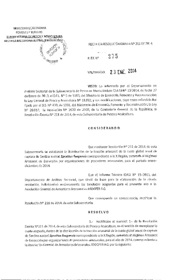 R EX Nº 275-2014 Rectifica R EX Nº 211-2014 que distribuye cuota RAE Sardina Austral X Región. (F.D.O. 27-01-2014)