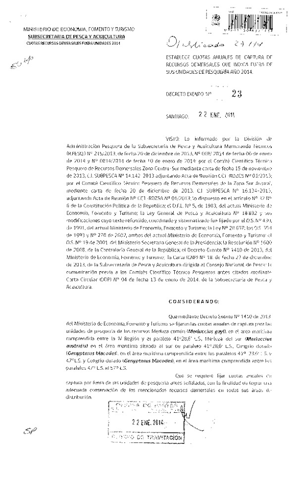 D EX 23-2014 Establece cuota anual de captura recurso Merluza Común, Merluza del Sur y Congrio Dorado. (F.D.O. 27-01-2014)