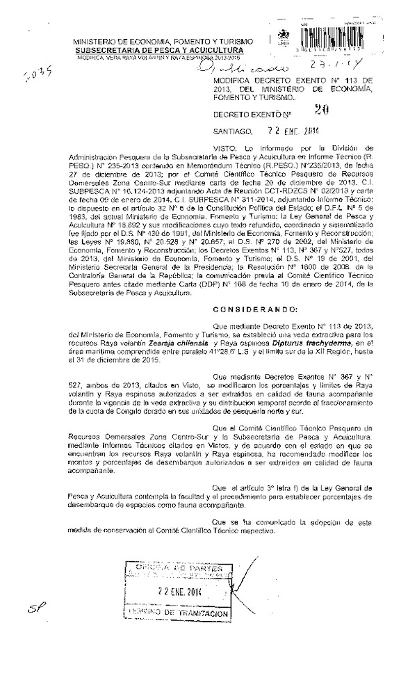 D EX Nº 20-2014, Modifica D EX Nº 113-2013, Veda extractiva recursos Raya volantín y Raya espinosa. (F.D.O. 27-01-2014)