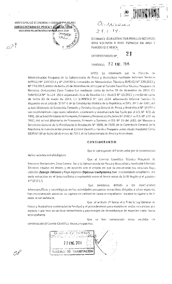 D Ex N° 21-2014 Establece veda extractiva Raya volantín y Raya espinosa IV Región. (F.D.O. 27-01-2014)