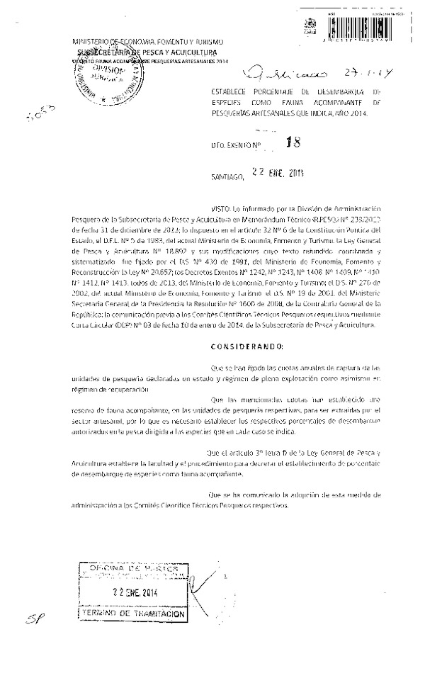 D EX Nº 18-2014 Establece Porcentaje de desembarque de especies como Fauna acompañante de Recursos que indica, año 2014. (F.D.O. 27-01-2014)