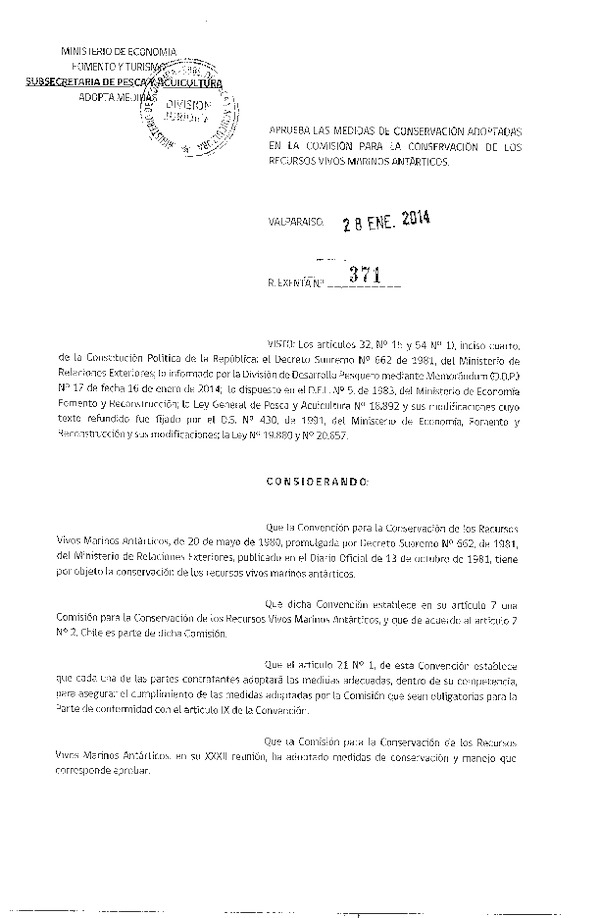 R EX Nº 371-2014 Aprueba las Medidas de Conservación y Ordenamiento Adopdatas para la Conservación de los Recursos Vivos Marinos Antárticos. (F.D.O. 4-02-2014)